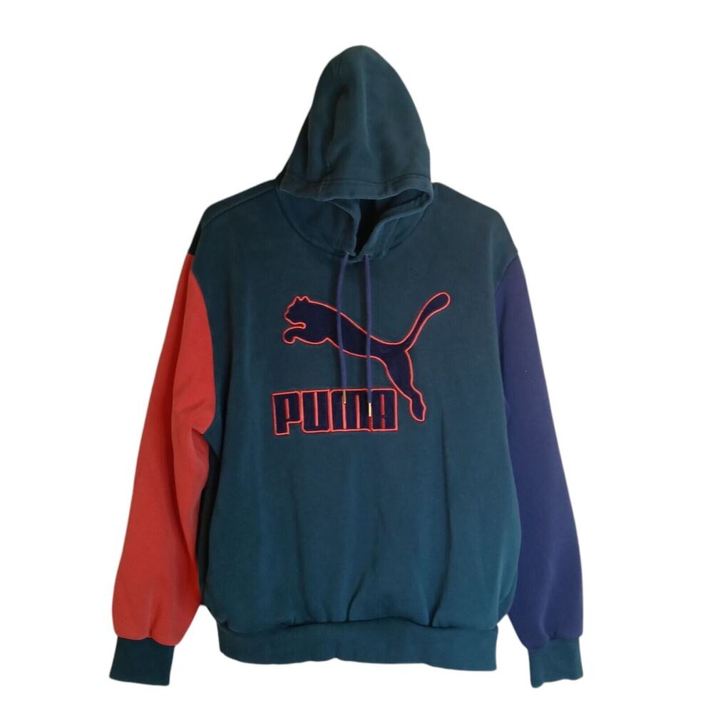 Vintage Puma Men's M Pullover Hoodie Jacket Pockets Graphic Multicolor Block